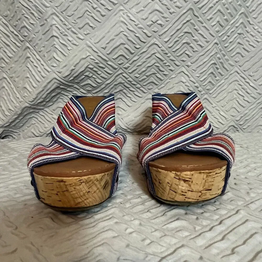 Crown Vintage Multicolor Sandals Womens 8M Crisscross Wedge Cork Fabric Summer